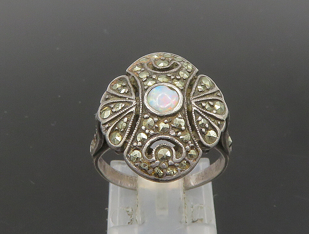 DELCITA 925 Silver  Vintage Victorian Fire Opal Floral Band Ring Sz 6  RG23876