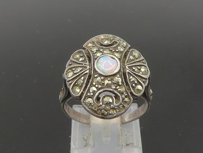 DELCITA 925 Silver  Vintage Victorian Fire Opal Floral Band Ring Sz 6  RG23876
