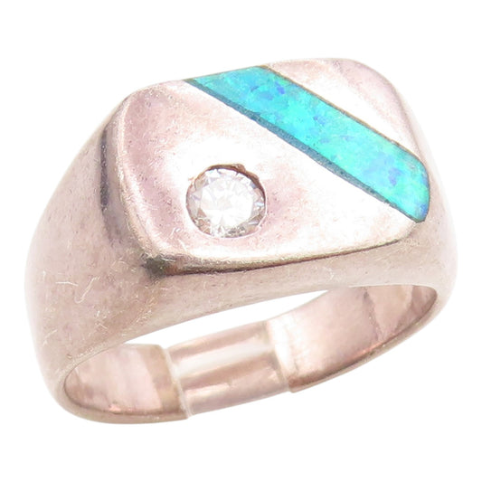 925 Sterling Silver Vintage Ring Fire Opal & CZ Geometric Band  Sz 10.5  RG35575