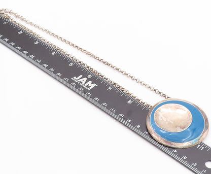 925 Sterling Silver Vintage Necklace RLM Designer Blue Enameled Disk  NE4505