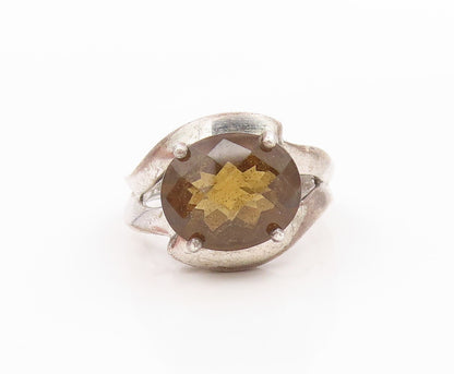 925 Sterling Silver Vintage Ring Modernist Smoky Quartz Band  Sz 7.5  RG36252