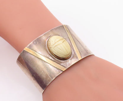 14k Gold & 925 Sterling Silver Vintage Bracelet M&J SAVITT Agate Scarab  BT12105