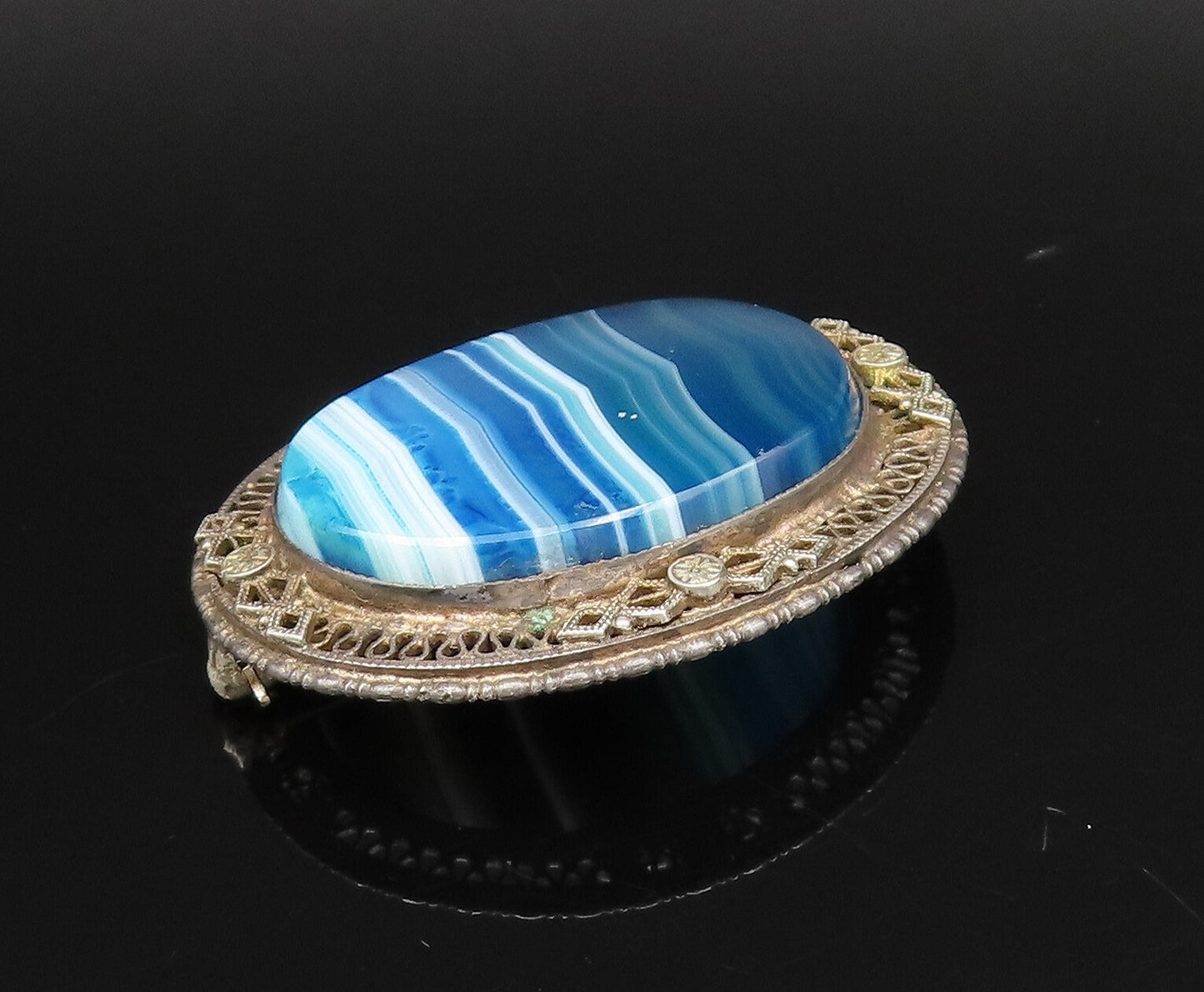 EUROPEAN 925 Silver  Vintage Blue Agate & Swirl Border Brooch Pin  BP10024