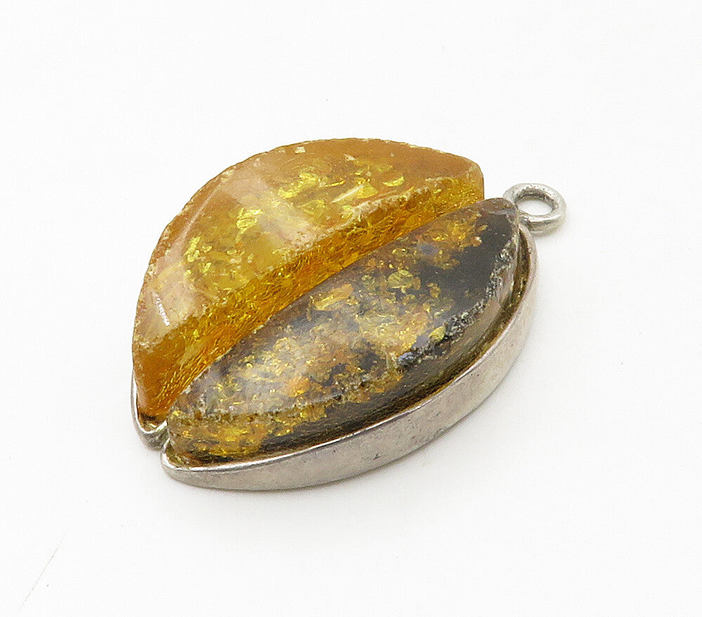 925 Sterling Silver  Vintage Amber Shiny Half Moon Shaped Pendant  PT13272