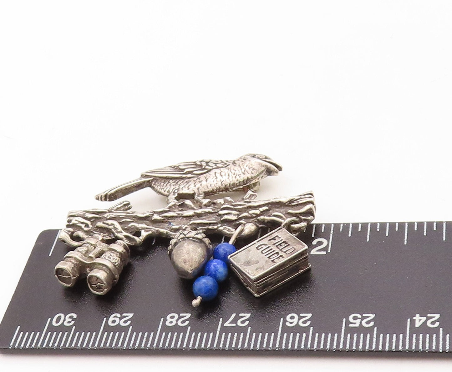 925 Sterling Silver Vintage Brooch Pin Bird On Branch Dangling Charms  BP11267