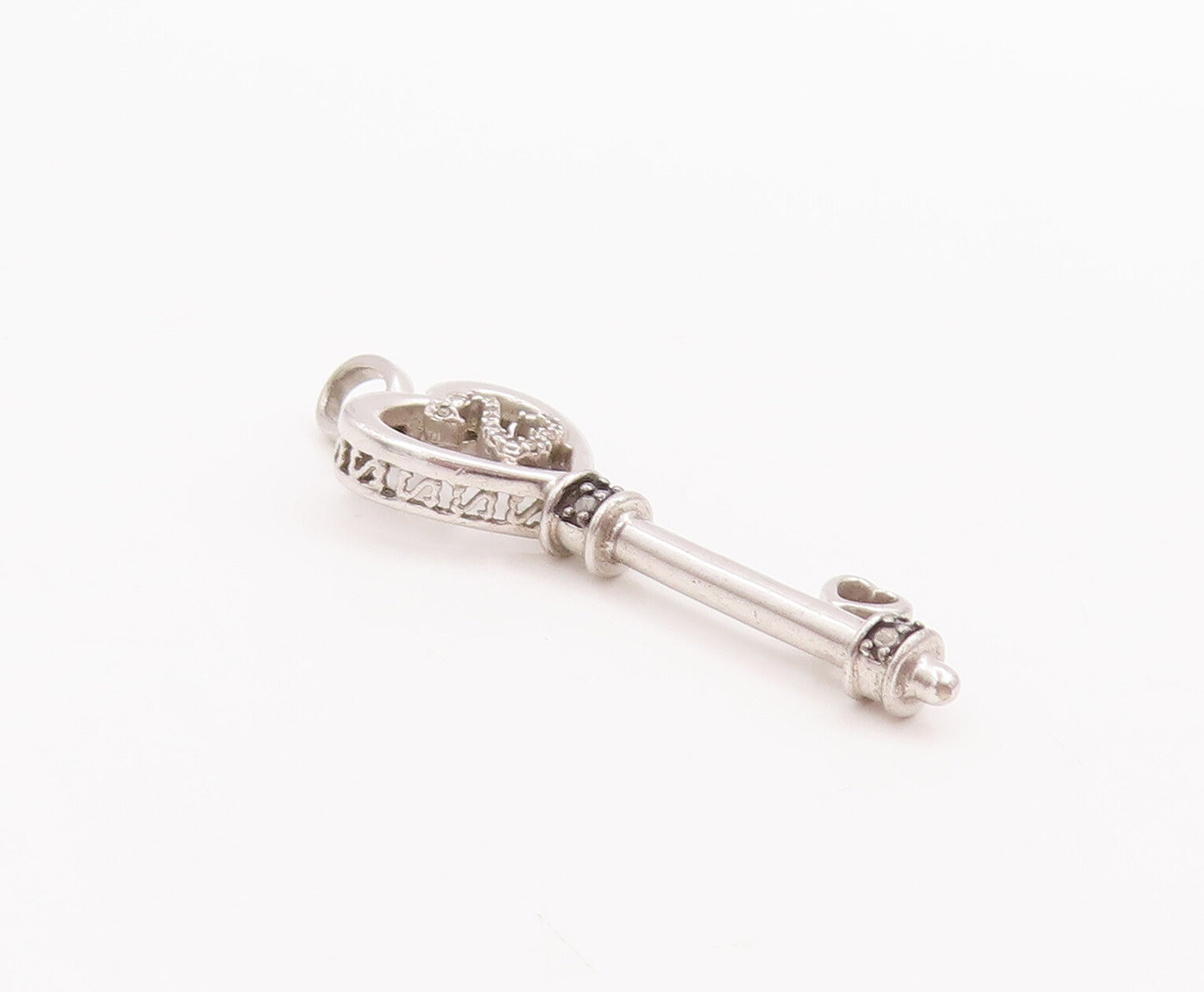 925 Sterling Silver Vintage Pendant Carved Black & White Diamonds Key  PT23085