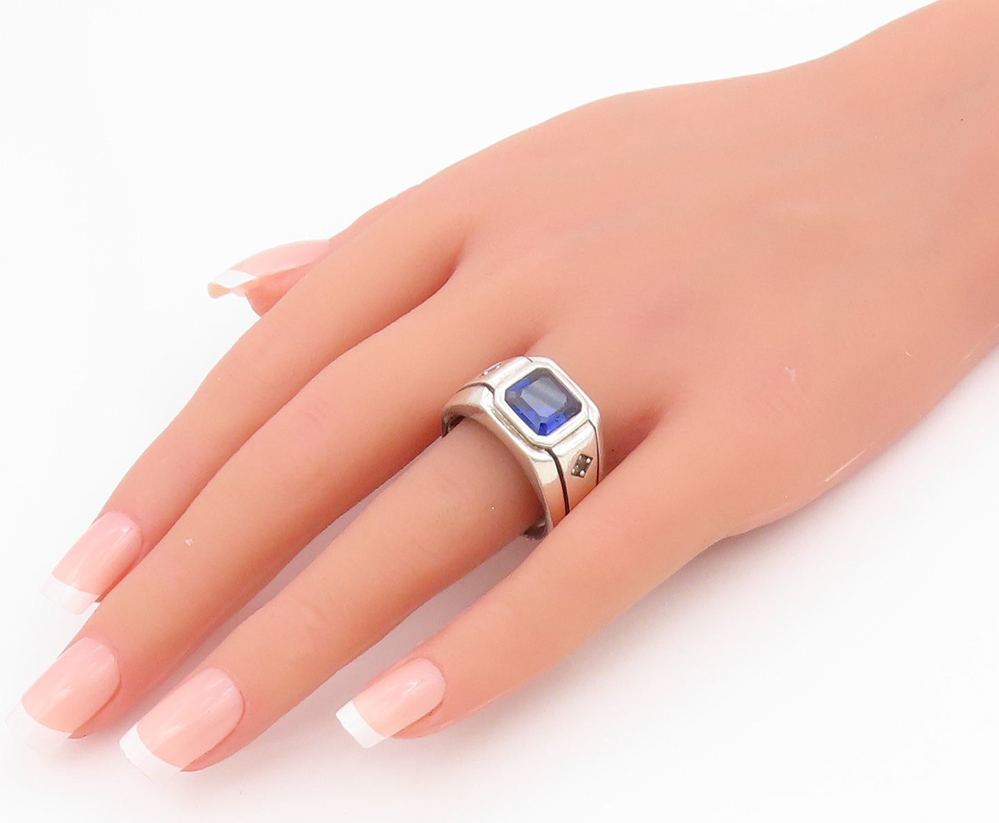 925 Sterling Silver Vintage Ring Blue Lab Sapphire & CZ Band  Sz 11.5  RG34478