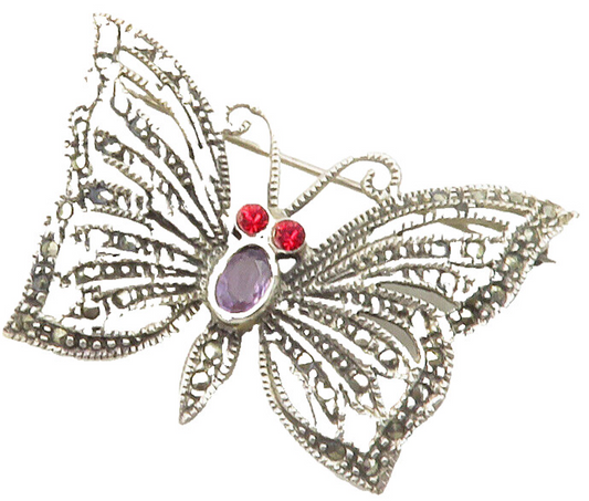 925 Sterling Silver  Vintage Amethyst & Marcasite Butterfly Brooch Pin  BP4614