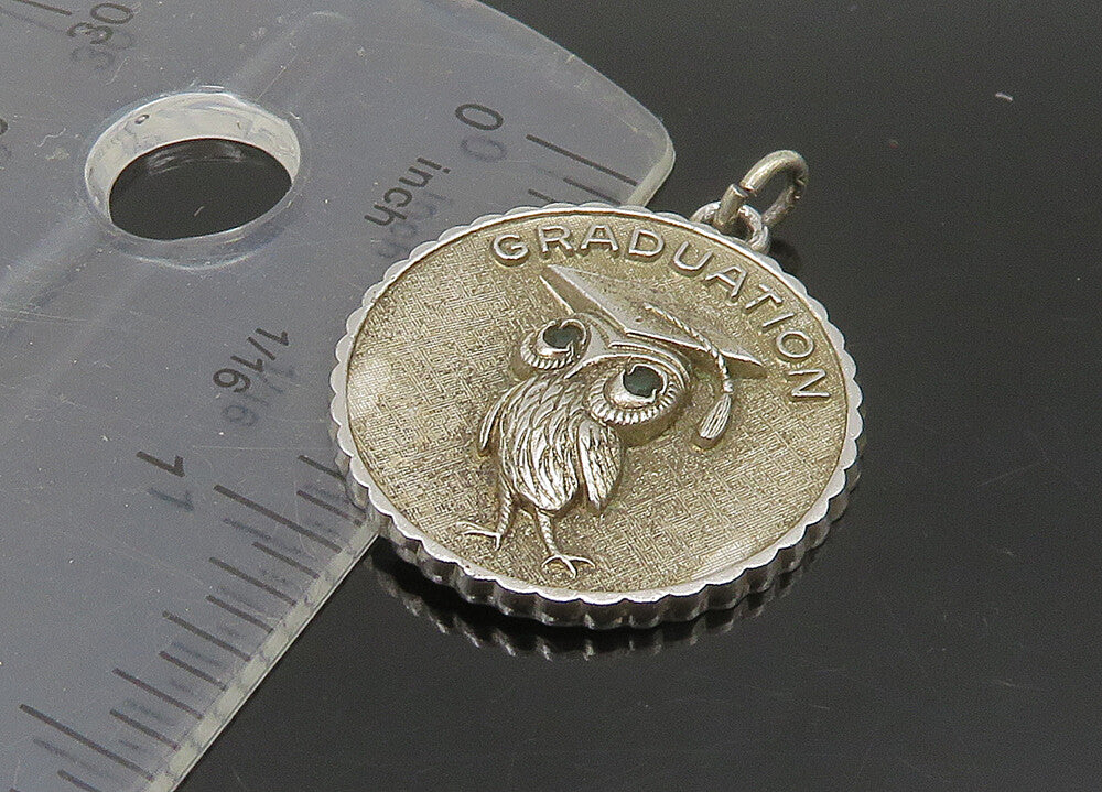 925 Sterling Silver  Vintage Spinel Eyes Graduation Owl Pendant  PT18919