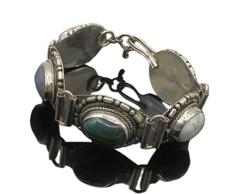 925 Silver  Vintage Cabochon Jasper & Agate Shiny Hinge Chain Bracelet  BT7129