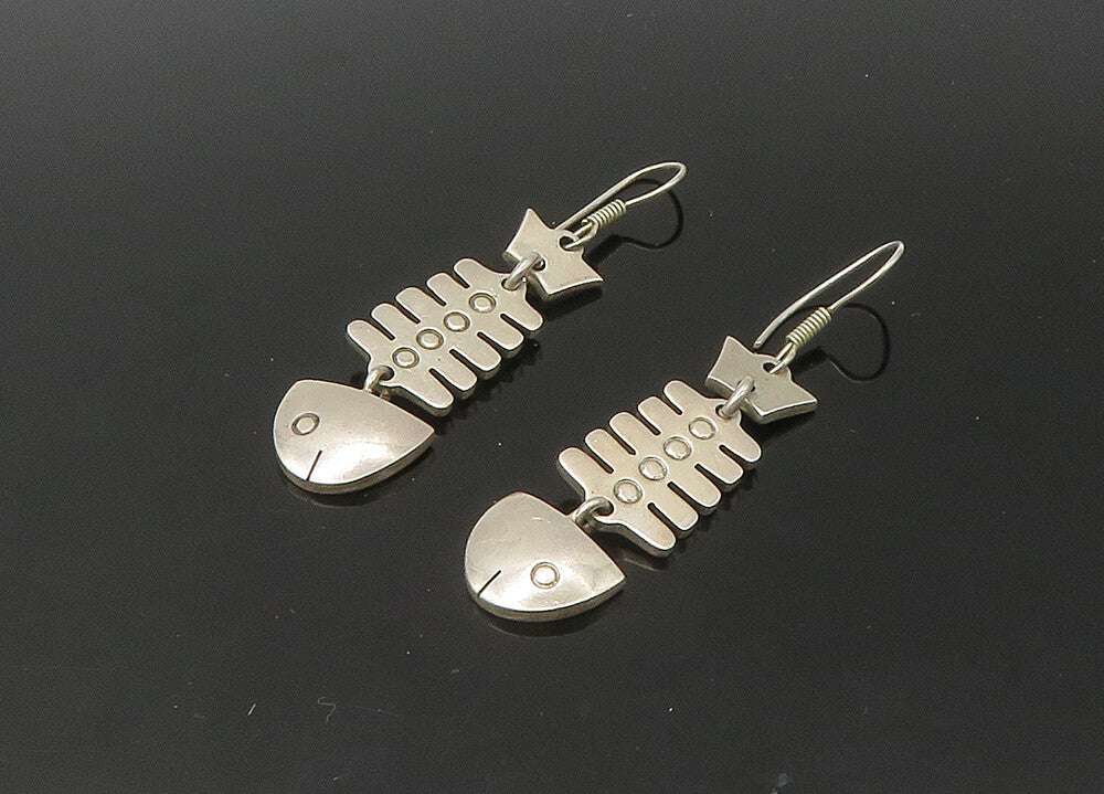 MEXICO 925 Sterling Silver  Vintage Fish Bones Motif Dangle Earrings  EG11006