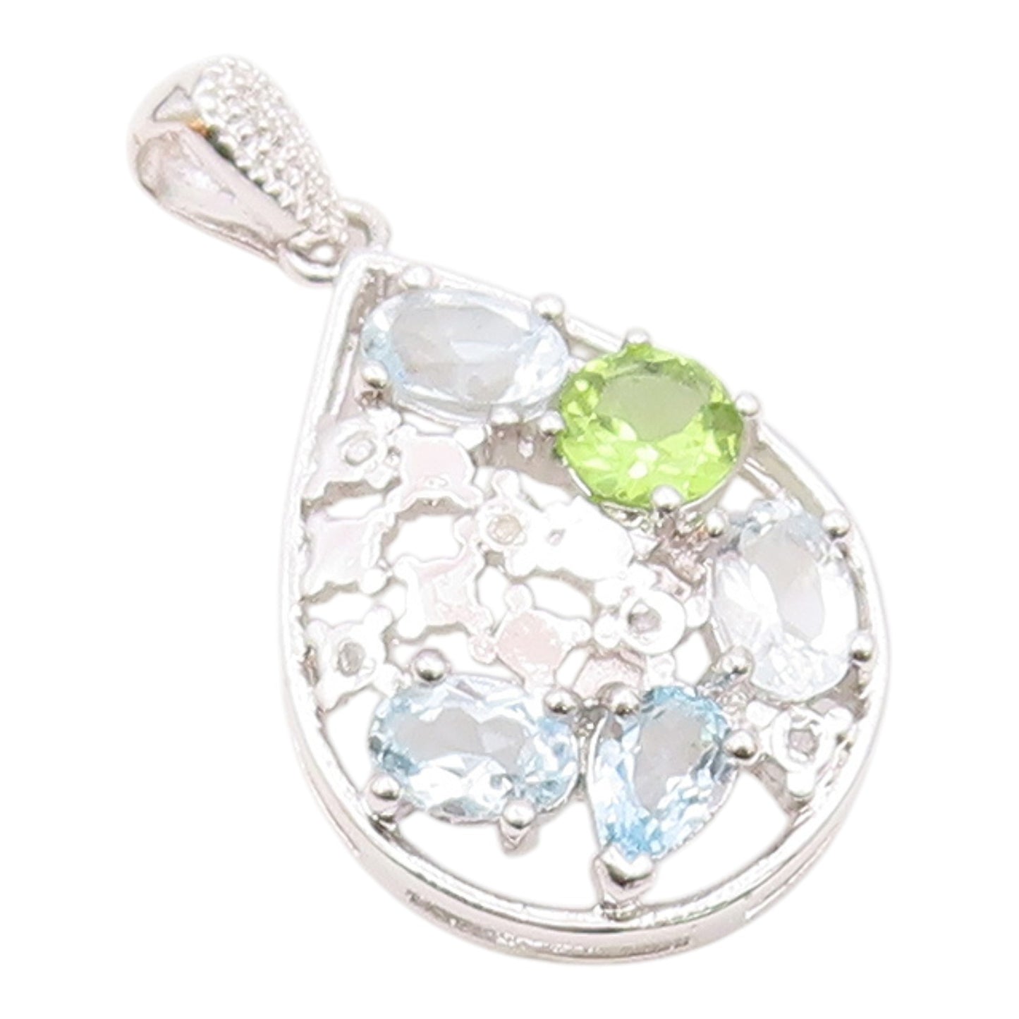 925 Sterling Silver  Genuine Diamonds Topaz & Peridot Drop Pendant  PT10203