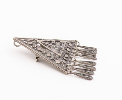 925 Silver  Vintage Triangular Floral & Diamond Pattern Brooch Pin  BP9427