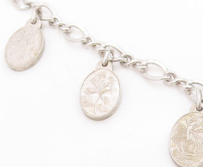925 Sterling Silver Vintage Bracelet Seven Flowers of Love Oval Charm  BT11711