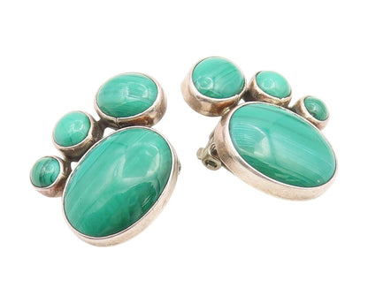 925 Sterling Silver Vintage Earrings Cabochon Malachite Elegant Clip On  EG14103