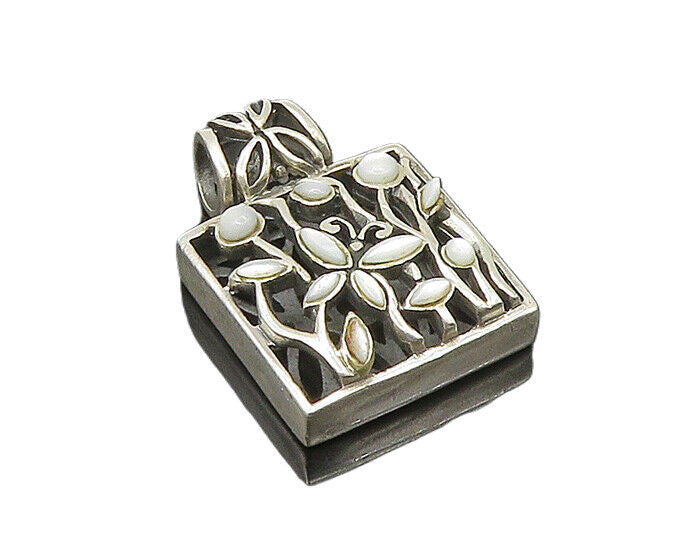 925 Sterling Silver  Vintage Mother Of Pearl Floral Square Pendant  PT17254