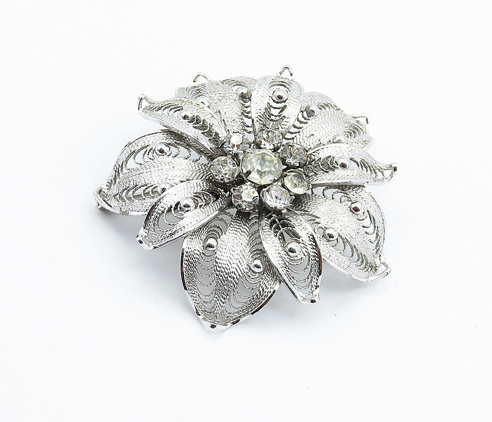 ESPO 925 Silver  Vintage Cubic Zirconia Filigree Flower Brooch Pin  BP2853