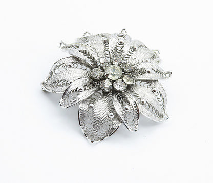 ESPO 925 Silver  Vintage Cubic Zirconia Filigree Flower Brooch Pin  BP2853