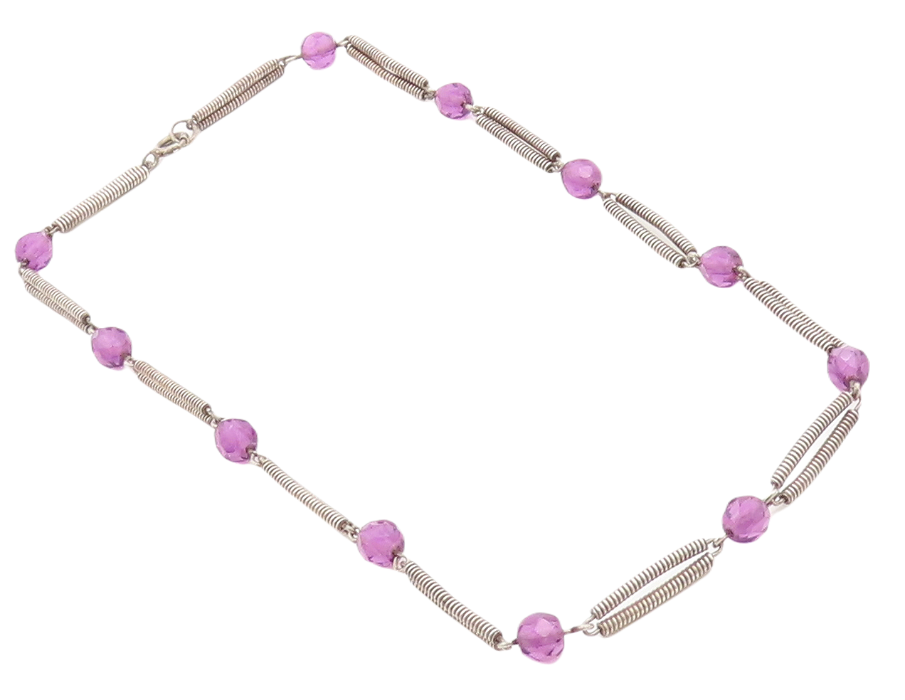 925 Sterling Silver Vintage Necklace Spring Design Cutout Beaded Amethyst NE4420