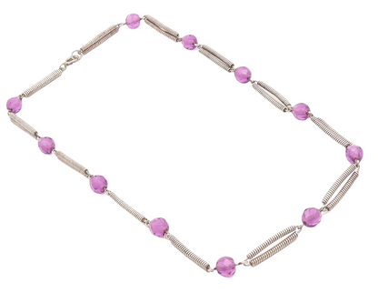 925 Sterling Silver Vintage Necklace Spring Design Cutout Beaded Amethyst NE4420