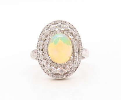 925 Sterling Silver Vintage Ring Oval Fire Opal Halo CZ Bands  Sz 8.5  RG30921