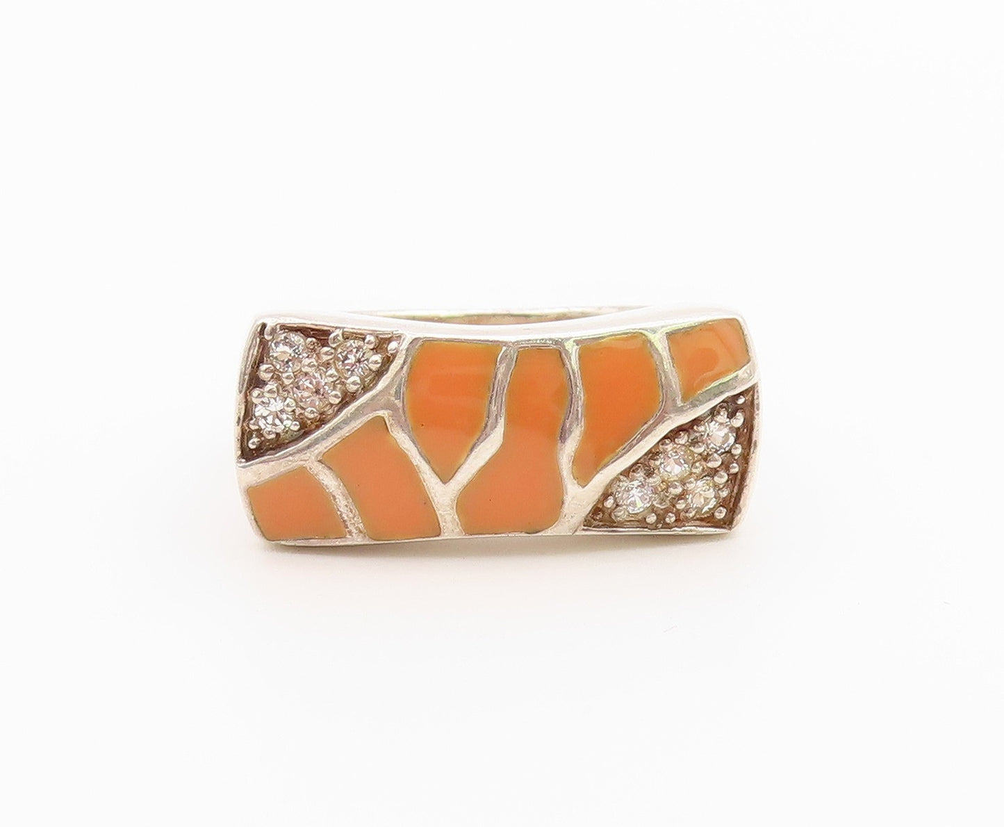 925 Sterling Silver Vintage Ring Topaz Enameled Geometric Band  Sz 9  RG36457