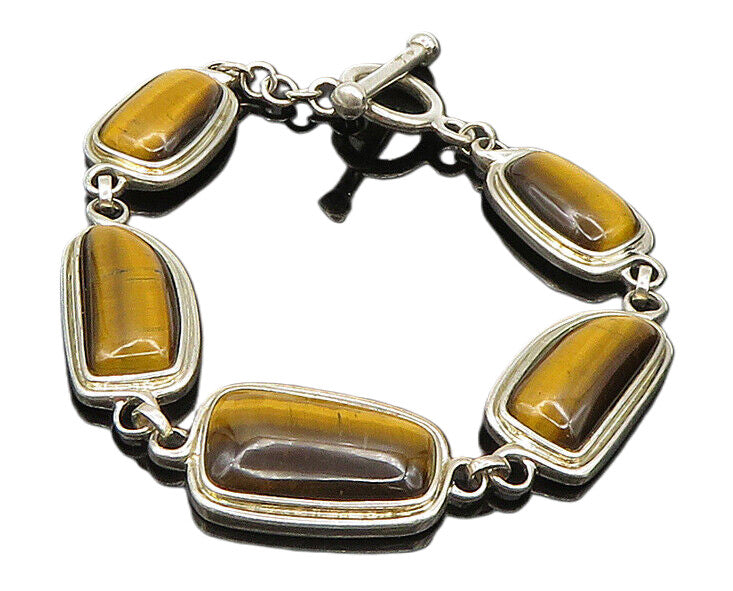 WHITNEY KELLY 925 Silver  Vintage Unique Tiger's Eye Chain Bracelet  BT9448