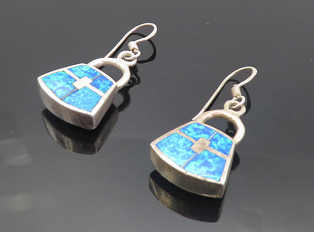 925 Sterling Silver  Vintage Inlaid Fire Opal Handbag Dangle Earrings  EG3354