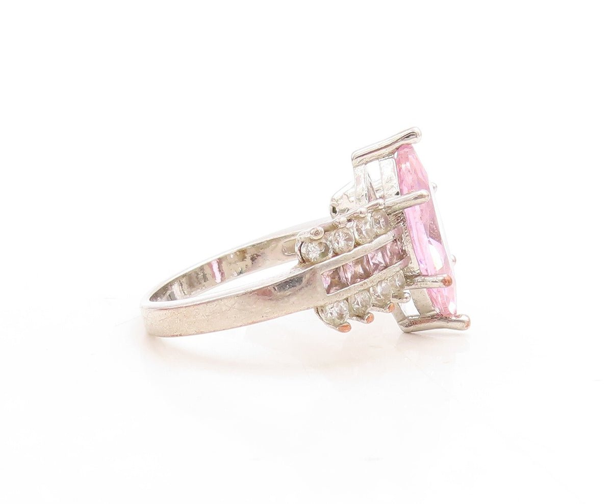 925 Sterling Silver Vintage Ring Marquise Cut Pink & White CZ   Sz 8  RG31494