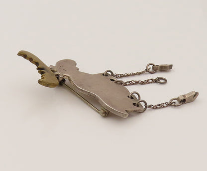 MEXICO 925 Silver  Vintage Two Tone Animal Dangle Chain Brooch Pin  BP10235