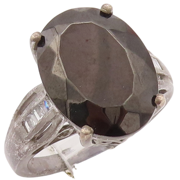 925 Sterling Silver Vintage Ring D'JOY Carved Neck Hematite & CZ  Sz 7  RG28936