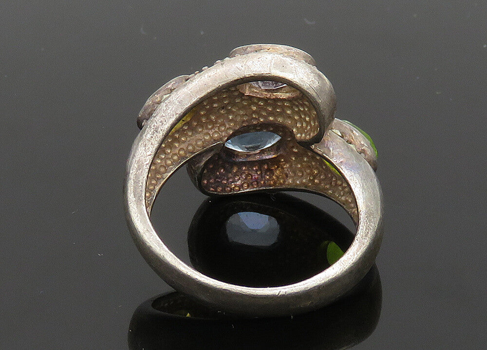 925 Sterling Silver Vintage Topaz Peridot & Multi Stone Bypass Ring Sz 7 RG20160