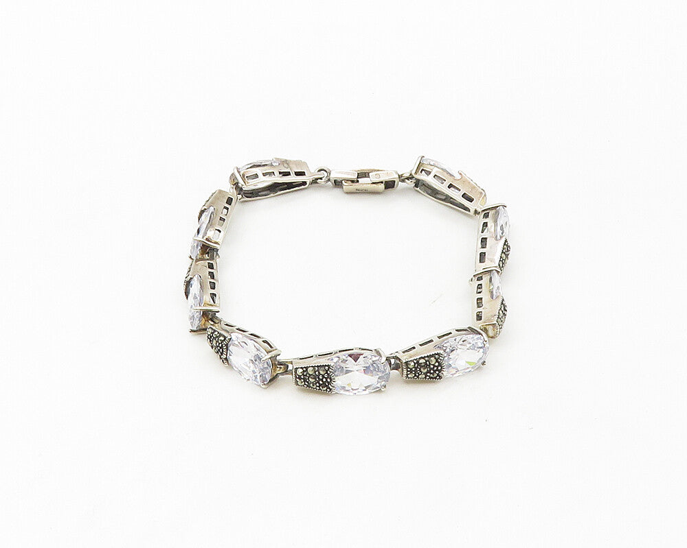 925 Sterling Silver  Shiny Cubic Zirconia & Marcasite Chain Bracelet  BT6829