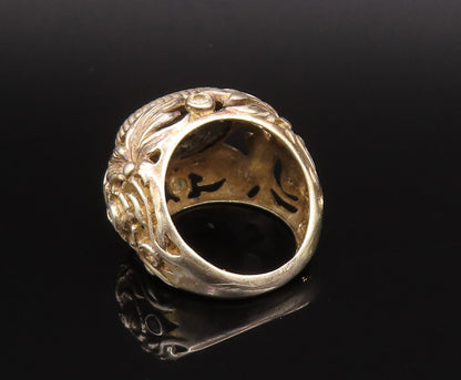 925 Silver  Vintage Oval Black Spinel Openwork Leaf Dome Ring Sz 6.5  RG25895