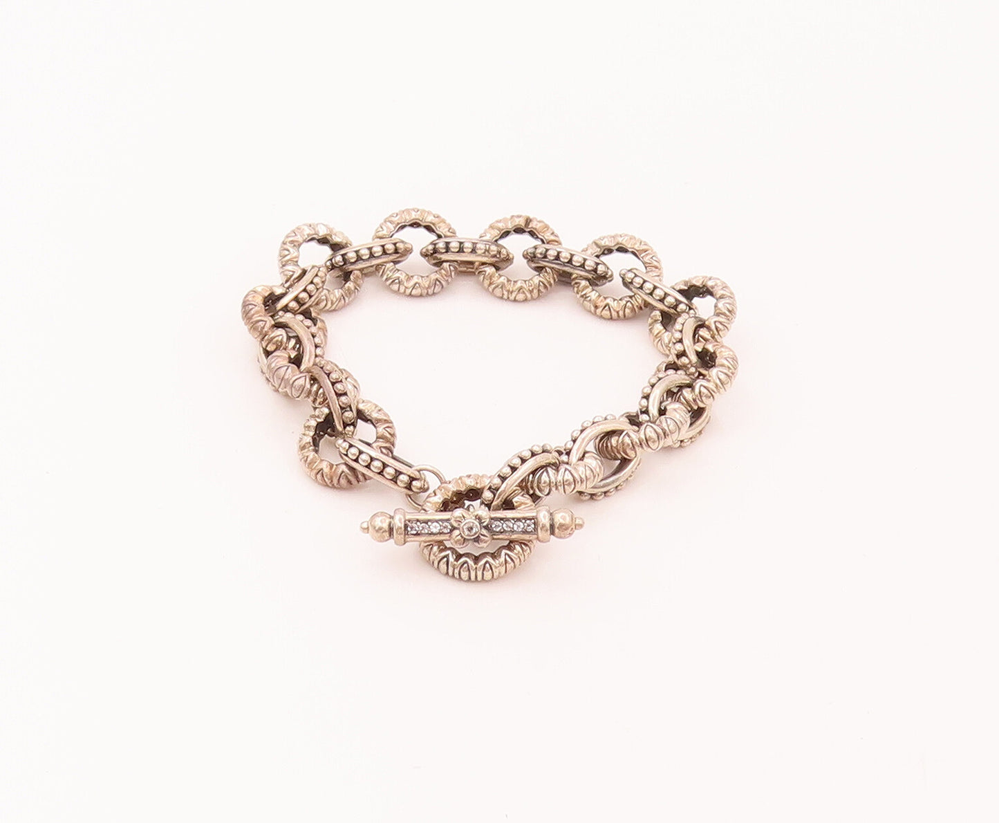 925 Sterling Silver  Vintage Beaded & Carved Interlocked Hoops Bracelet BT9923