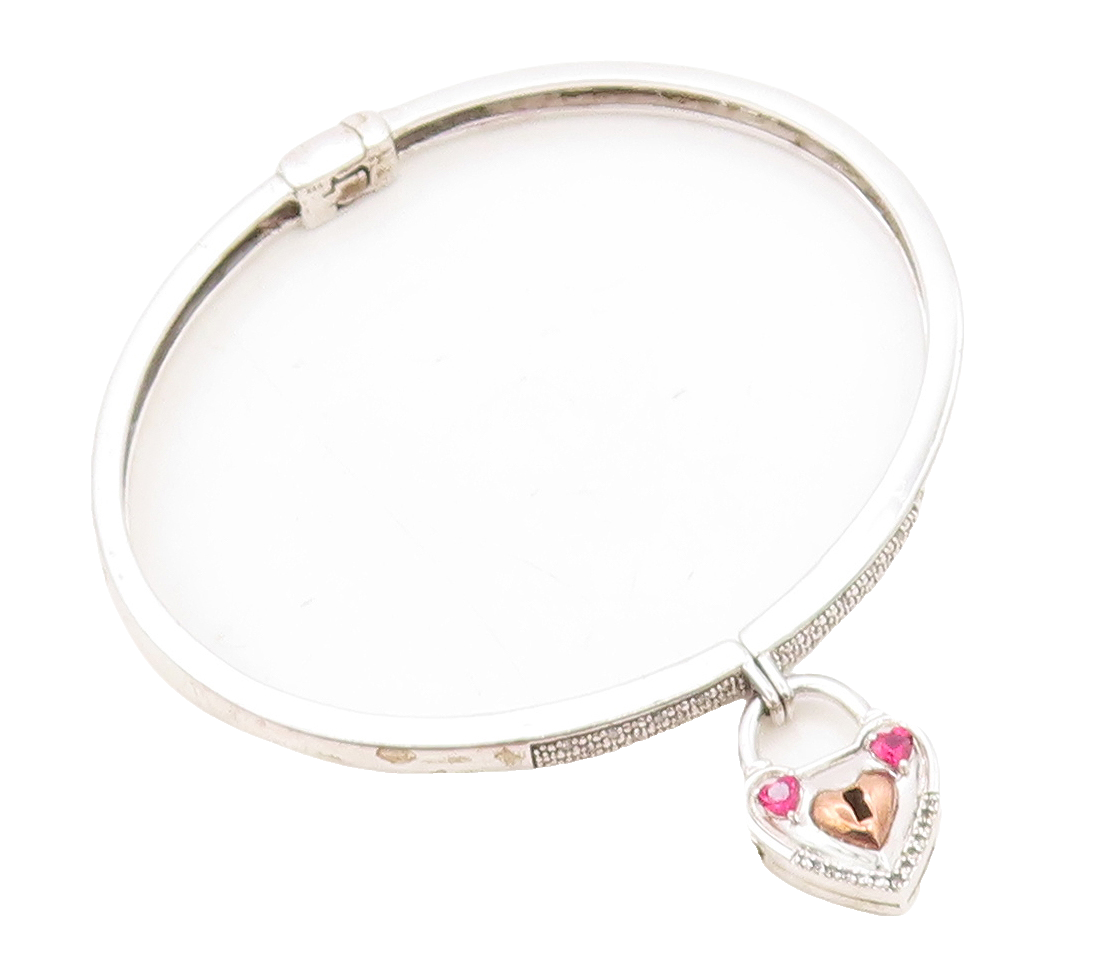 925 Silver  Ruby & Genuine Diamonds Padlock Charm Bangle Bracelet  BT3018