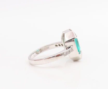 925 Sterling Silver Vintage Ring Rectangle Sea Green & White CZ  Sz 7.5  RG30706