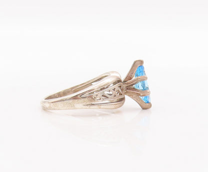 925 Sterling Silver Vintage Ring Swirly Carved Marquise Cut Blue CZ Sz 7 RG28181