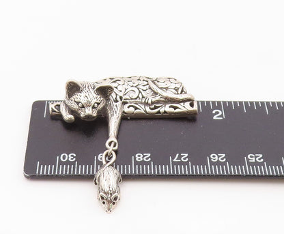 925 Sterling Silver Vintage Brooch Pin JEZALINE Cat With Swinging Mouse  BP12549
