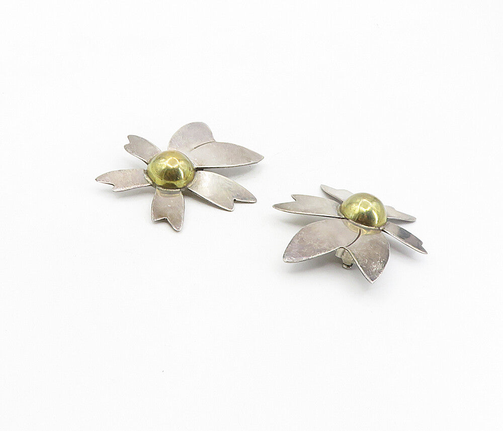 MEXICO 925 Sterling Silver  Vintage 2 Tone Floral Non Pierce Earrings  EG4576