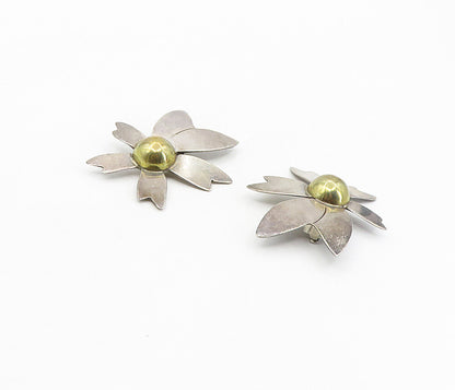 MEXICO 925 Sterling Silver  Vintage 2 Tone Floral Non Pierce Earrings  EG4576