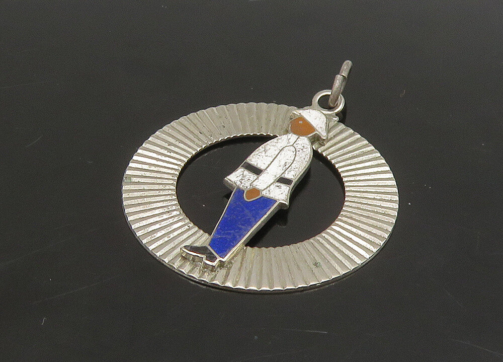 925 Sterling Silver  Vintage Enamel Man In Uniform Circle Pendant  PT18744