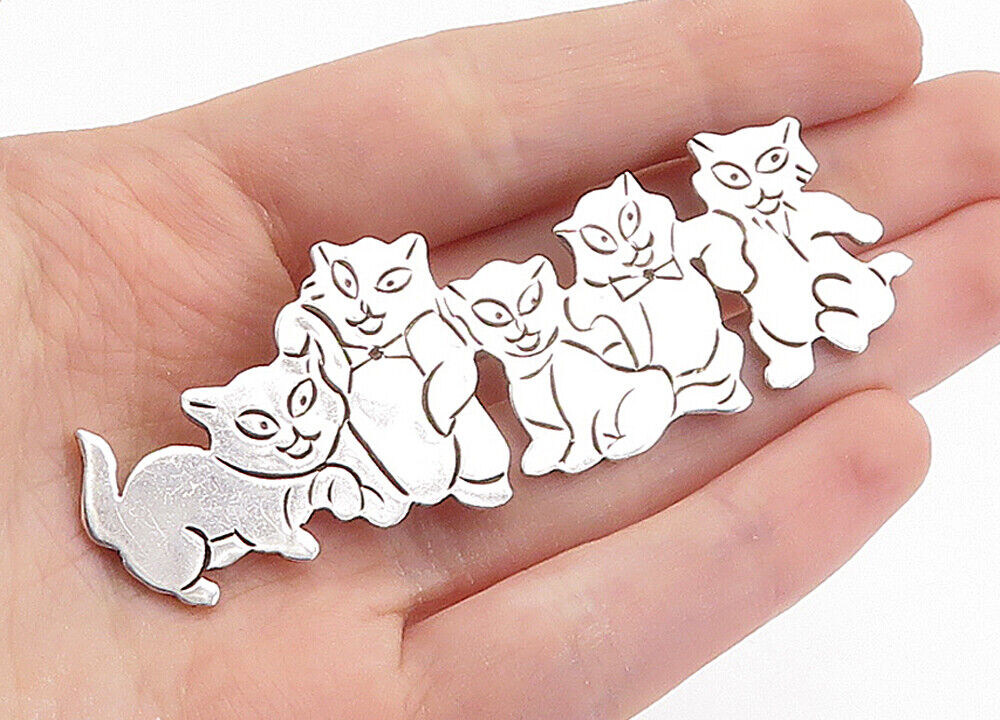 MEXICO 925 Sterling Silver  Vintage Shiny Playful Cats Brooch Pin  BP2641