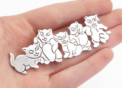 MEXICO 925 Sterling Silver  Vintage Shiny Playful Cats Brooch Pin  BP2641