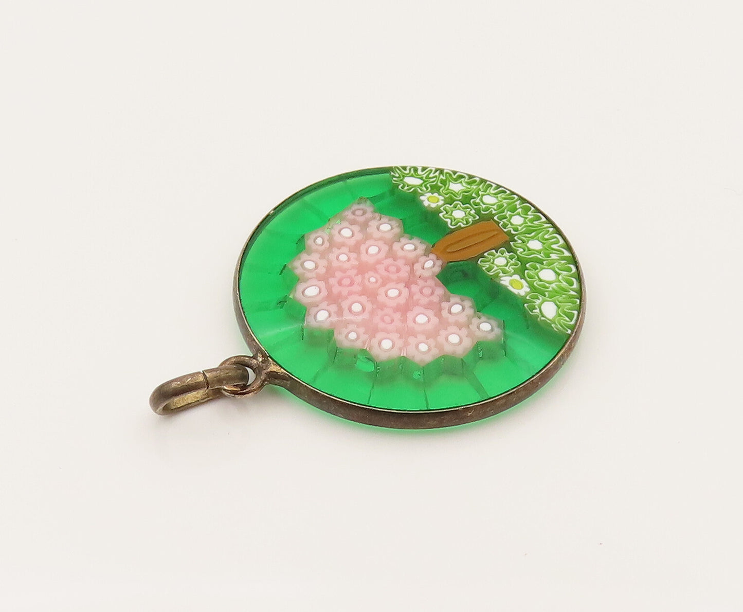 925 Sterling Silver  Vintage Flower Tree Glass Art Round Pendant  PT21932