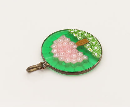 925 Sterling Silver  Vintage Flower Tree Glass Art Round Pendant  PT21932