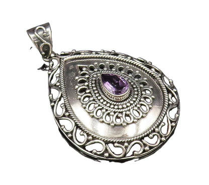 925 Sterling Silver  Vintage Openwork Pear Shaped Amethyst Pendant  PT21715