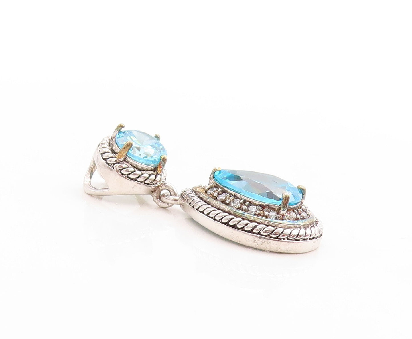 925 Sterling Silver Vintage Pendant Drop & Round Cut Blue & White Topaz  PT23767