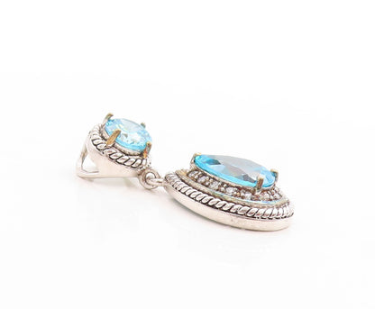 925 Sterling Silver Vintage Pendant Drop & Round Cut Blue & White Topaz  PT23767