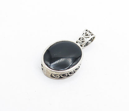 925 Sterling Silver  Vintage Black Onyx Open Swirl Detail Oval Pendant  PT4587